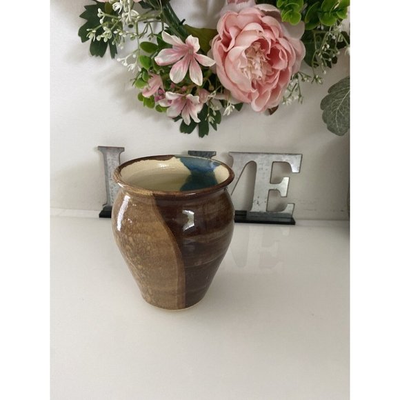 Blue and Brown Glazed Rare Signed by Artist Jen O MCM Studio Art Pottery Vase 5" - Picture 1 of 16